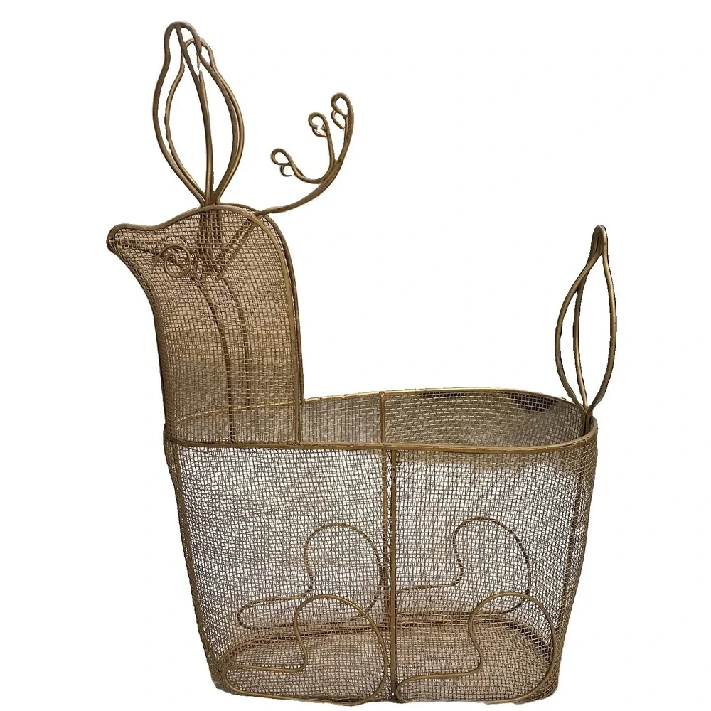 VTG MCM Gold Wire Mesh Reindeer Basket Holiday Christmas Card Ornament Planter
